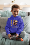 Child sitting cross-legged wearing a purple T-Rex ROARSOME dinosaur sweatshirt.